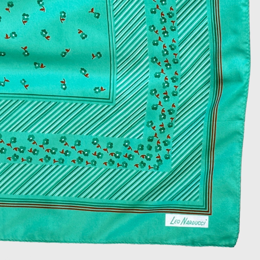 VTG Leo Narducci Satin Teal Green Floral Stripe Square Scarf Geometric Print